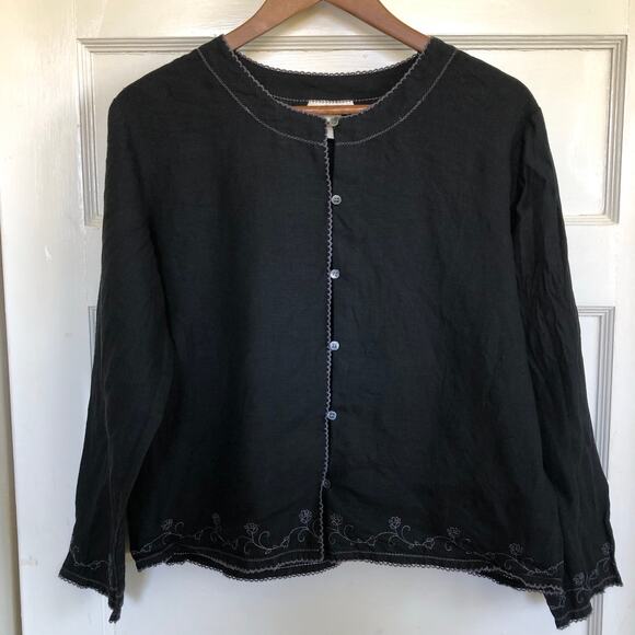 J. Jill 100% Linen Button Front Blouse Top Black Embroidered Boho Minimalist - Picture 1 of 10